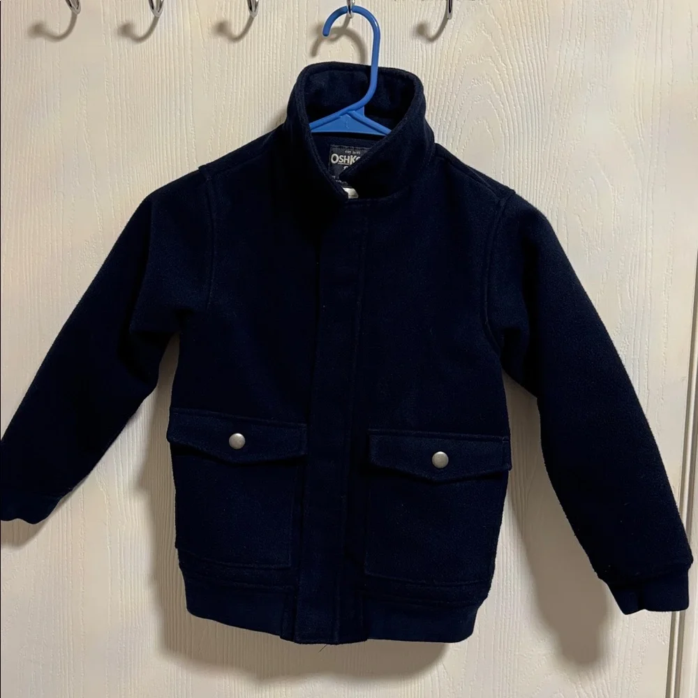OshKosh B'gosh Navy Blue Fleece‎ Lined Boys Pea Coat Size 7 Full Zip Pockets